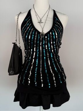 Vintage Black Sequin Halter Tank Top - Blue & Silver Stripe Accents